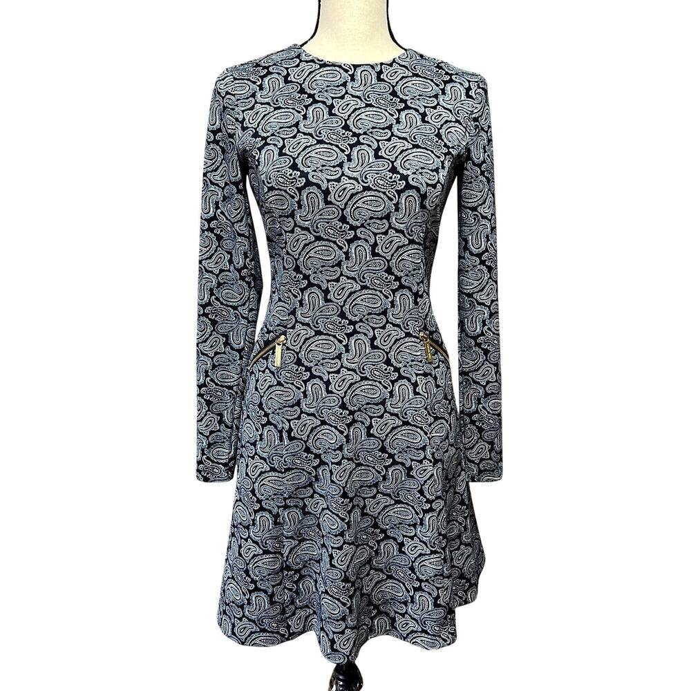 Michael Kors Dress Blue 2P Women's Petites Paisley Floral Fit & Flare Pockets